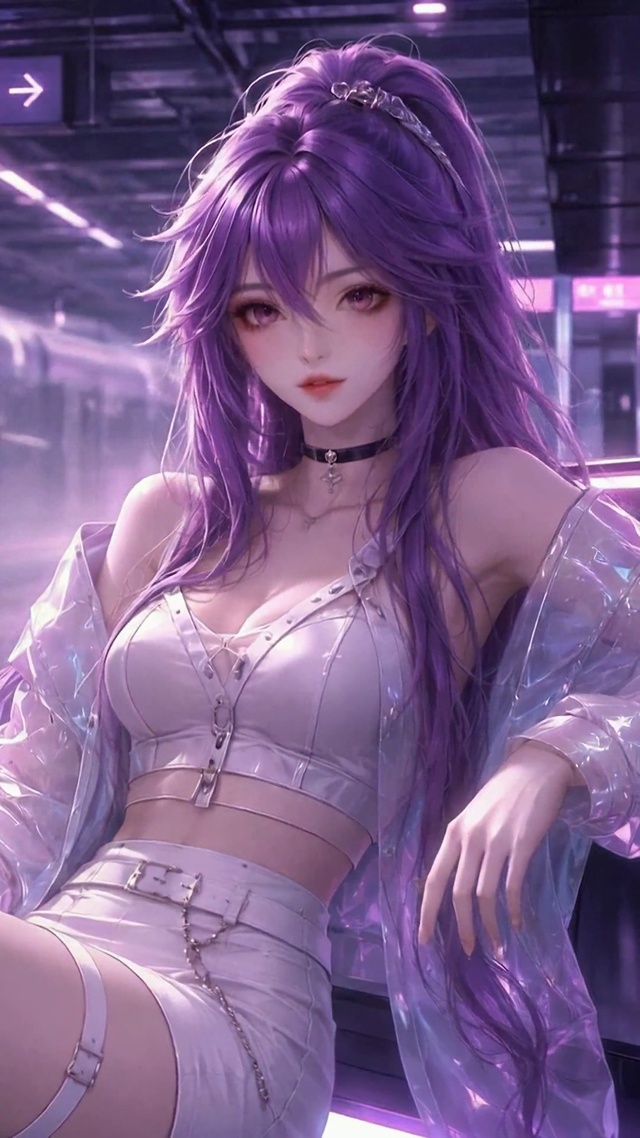 紫发赛博朋克地铁站美少女