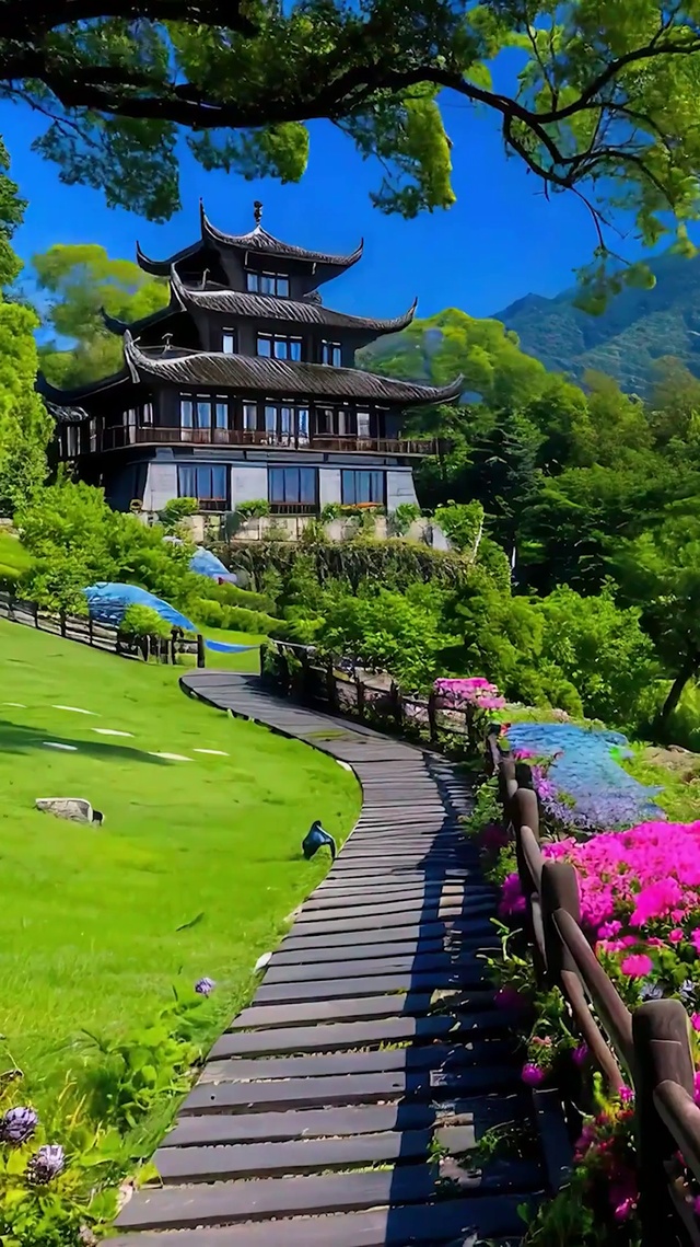 蓝天白云树木海景