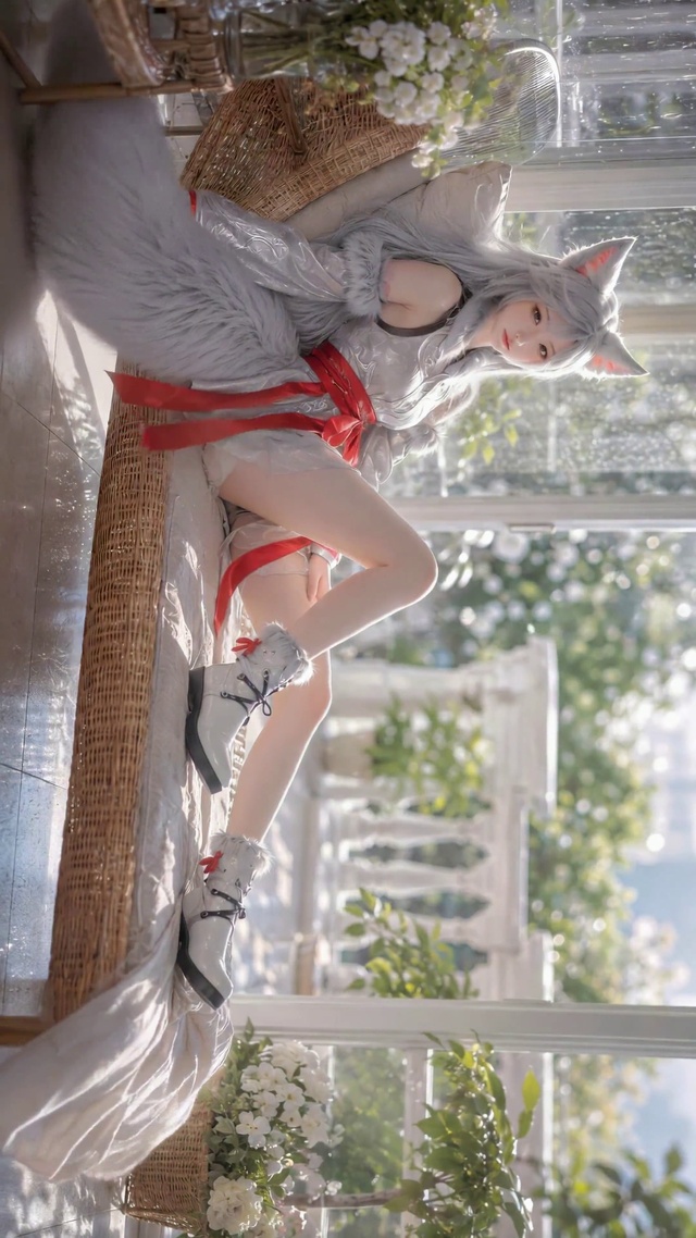 阳光窗边银发狐耳美少女银月