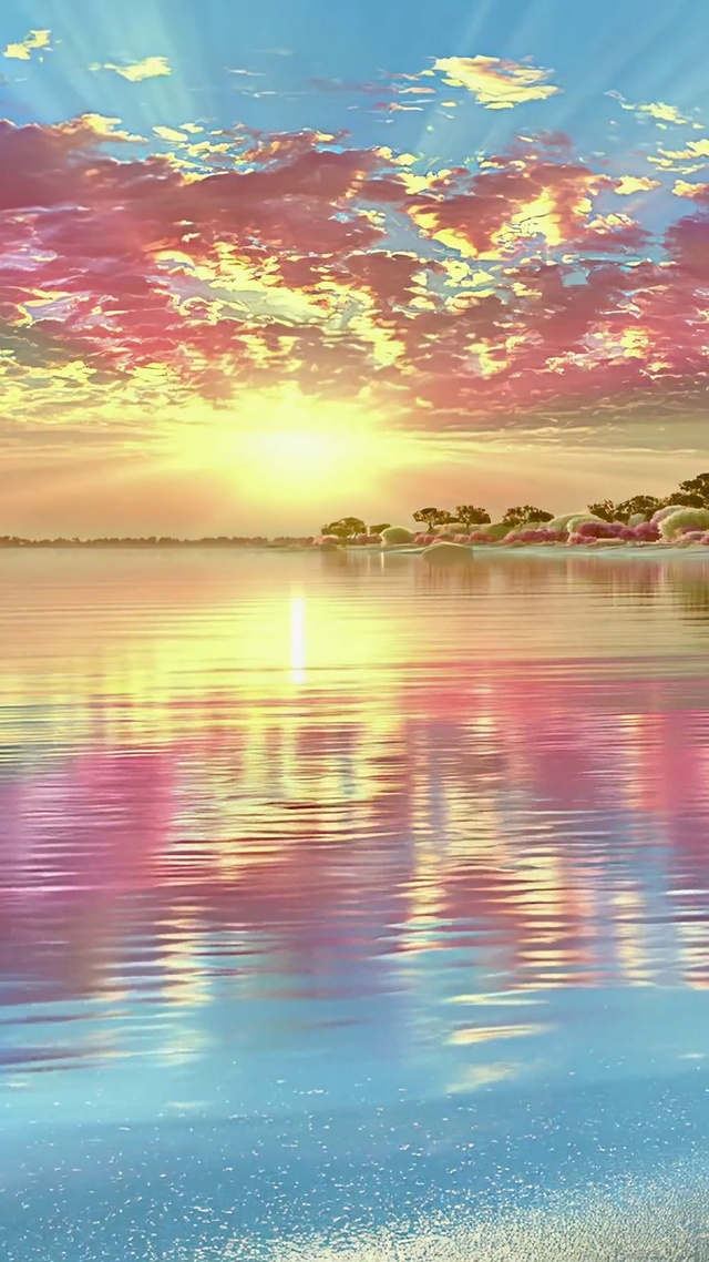 粉色湖畔日落唯美风景