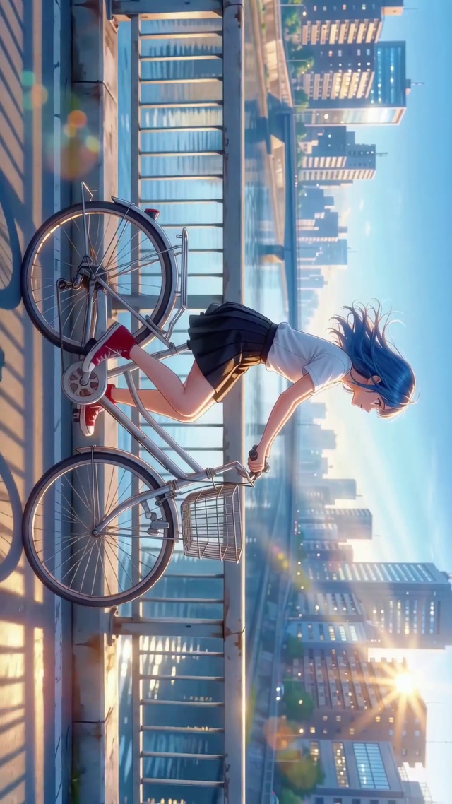 河畔骑行的少女