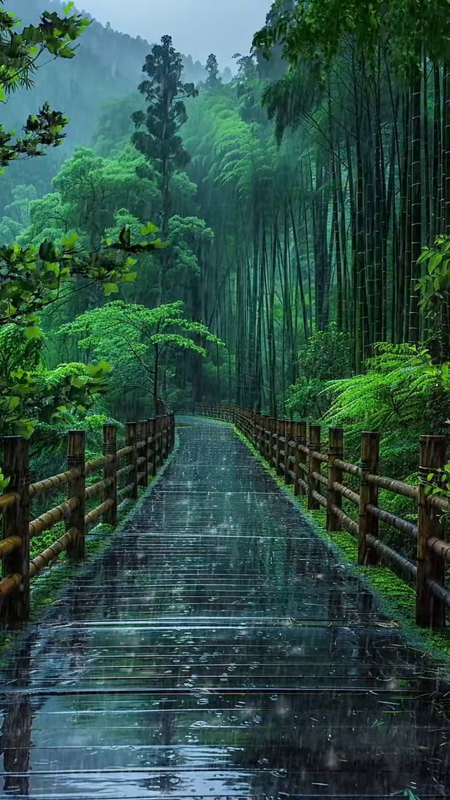 下雨天竹林中的道路