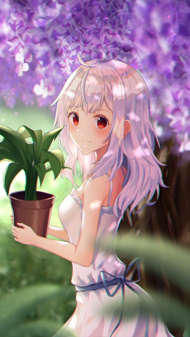 紫藤下捧花女孩