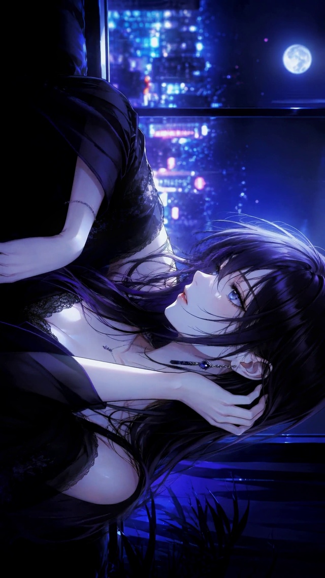 月夜窗边紫发二次元美少女