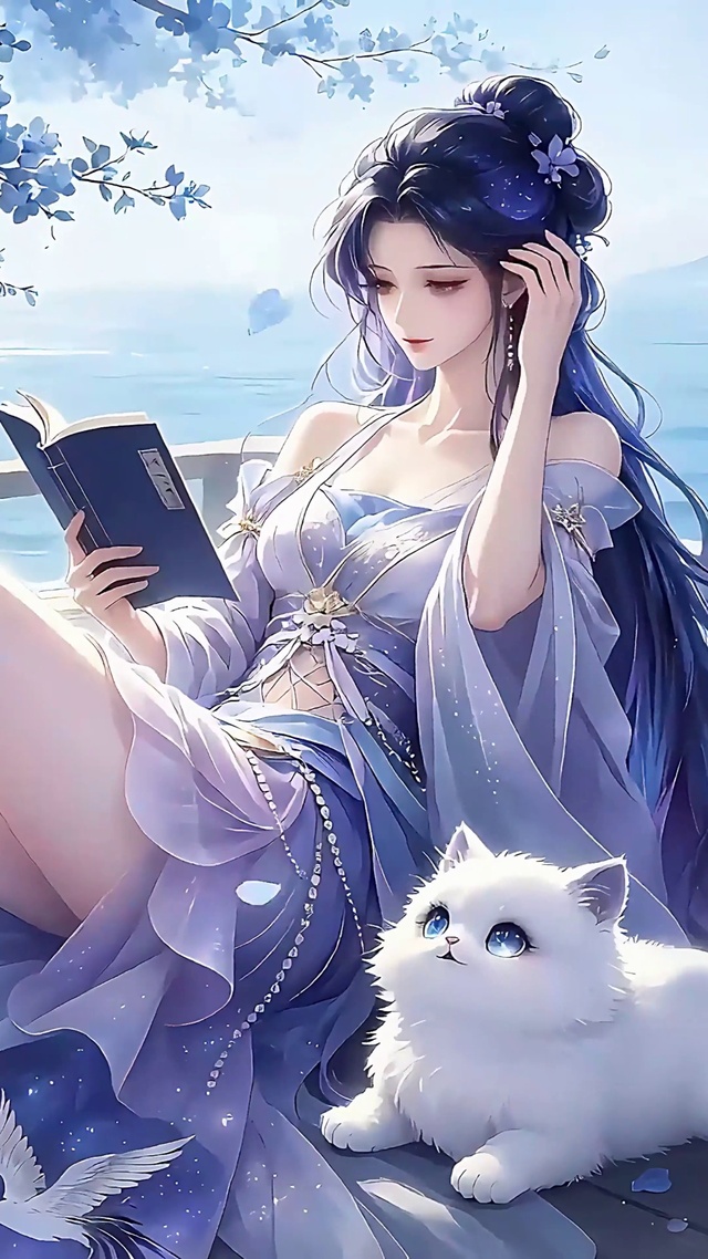 湖边读书的古风少女