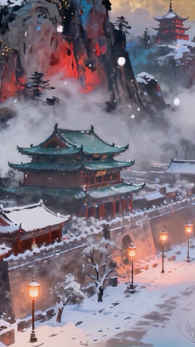 雪景树木古风城楼