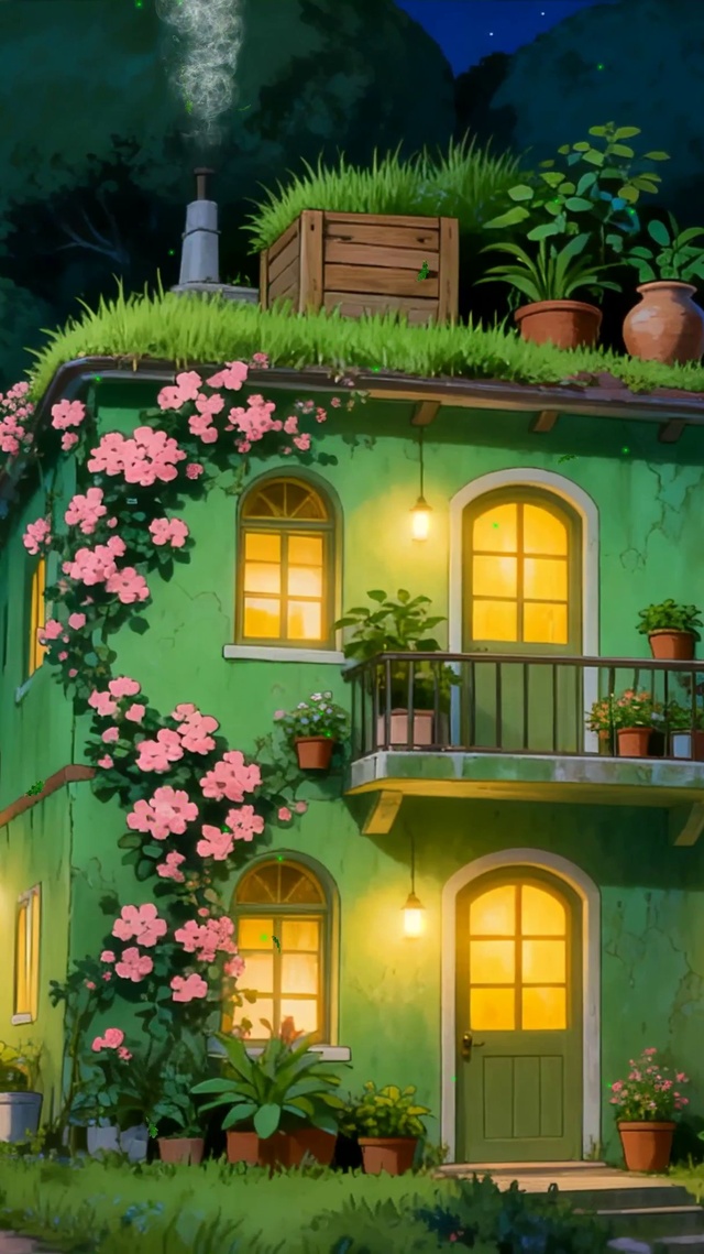 夜景树木房屋绿景