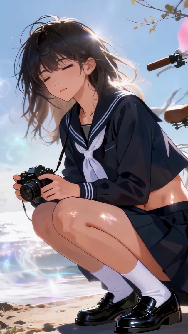 冬日暖阳海边沙滩上学院风少女