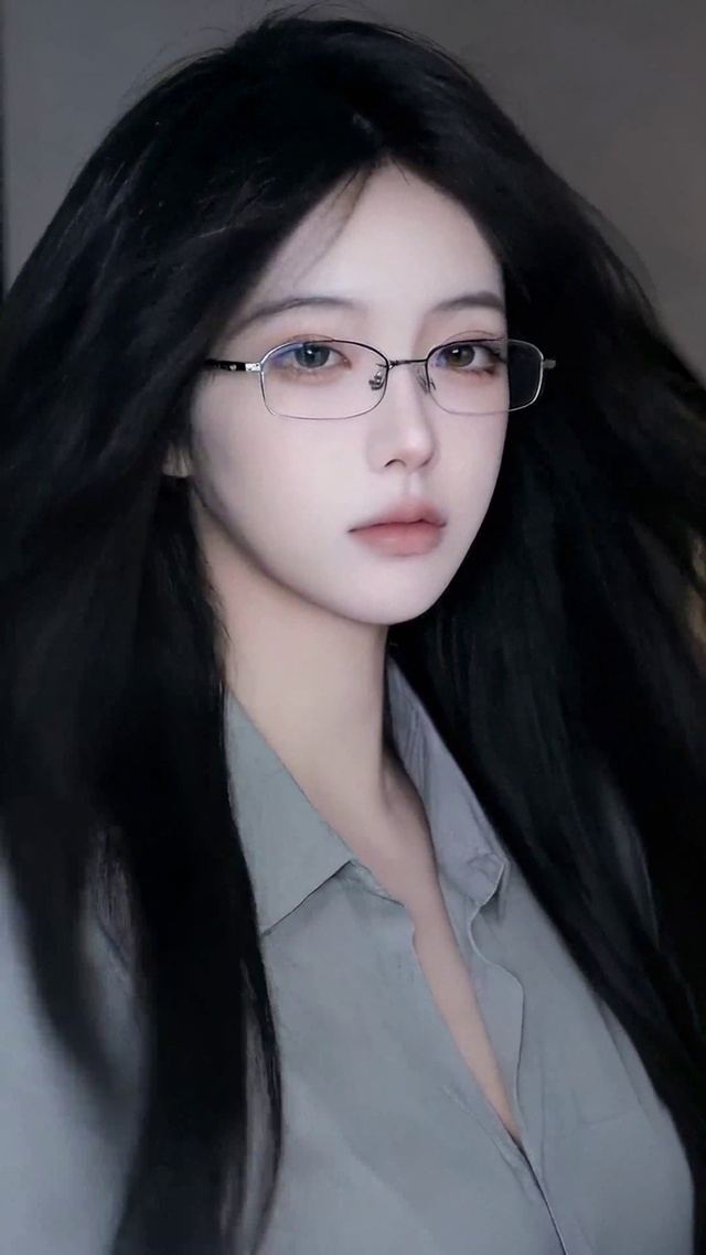 清冷黑长直眼镜美女