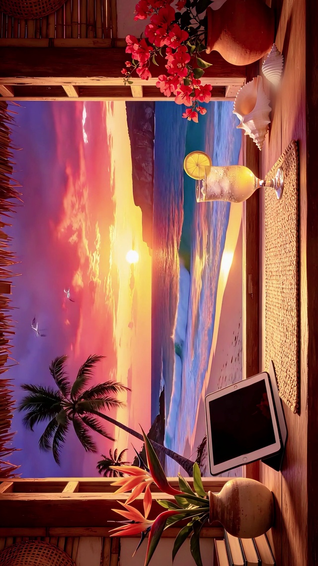 窗外夕阳海滩