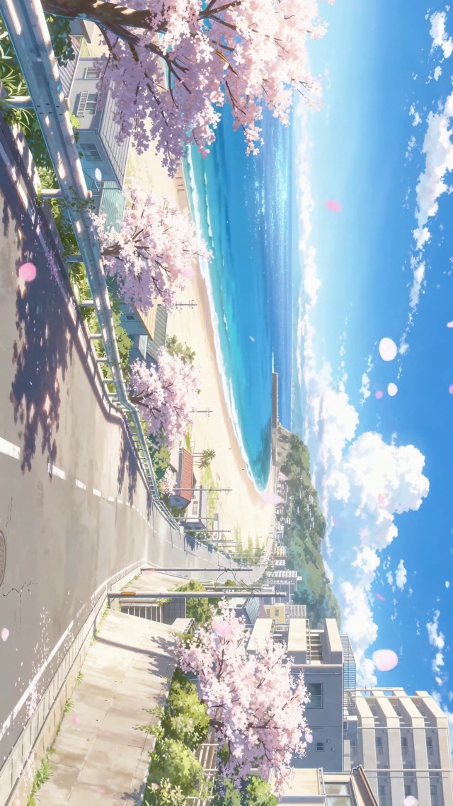 动漫海边樱花飘落海岸线美景