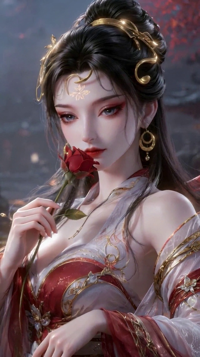 古风红衣红枫古典美人