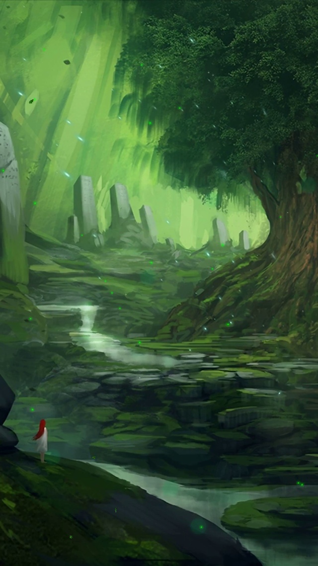 4K护眼绿色森林瀑布景色