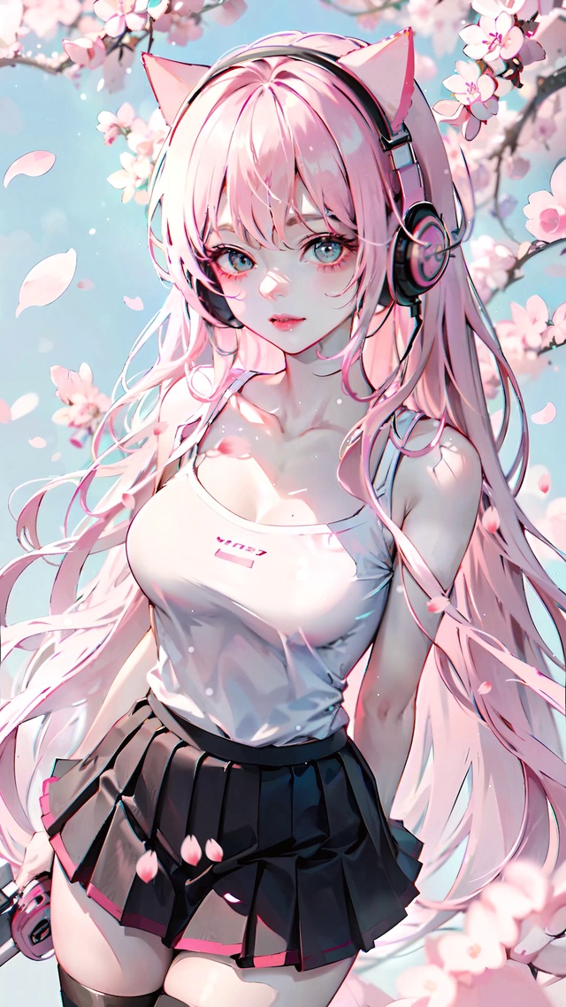 樱花粉发耳机猫耳少女