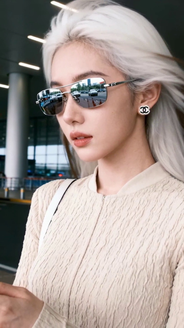 银发酷飒机场美女