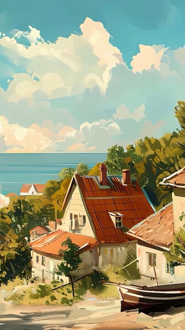 护眼海景房屋树木