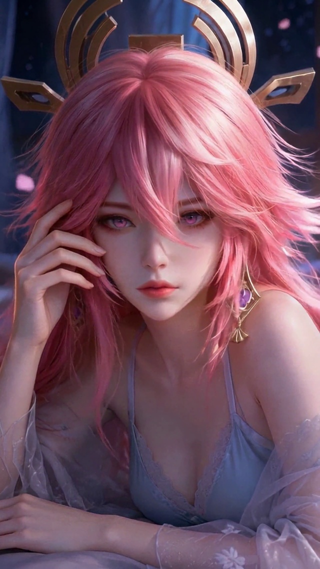 夜晚卧室粉发二次元美少女