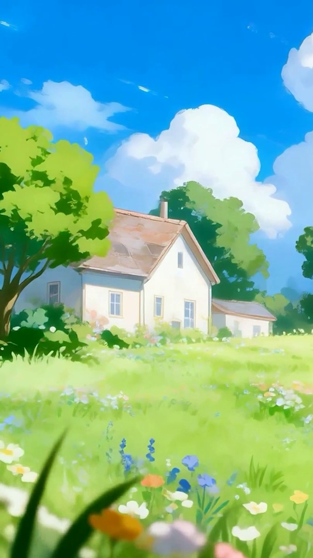 护眼白云树木房屋