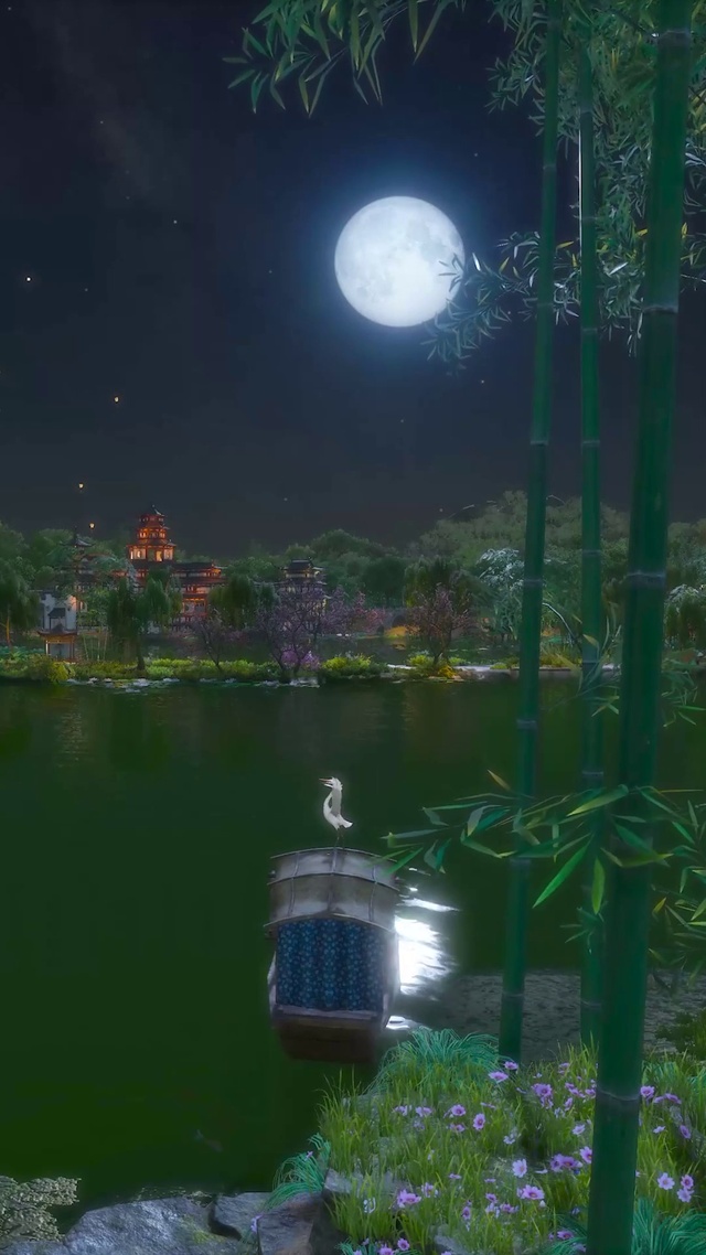 夜晚竹林湖畔手机壁纸