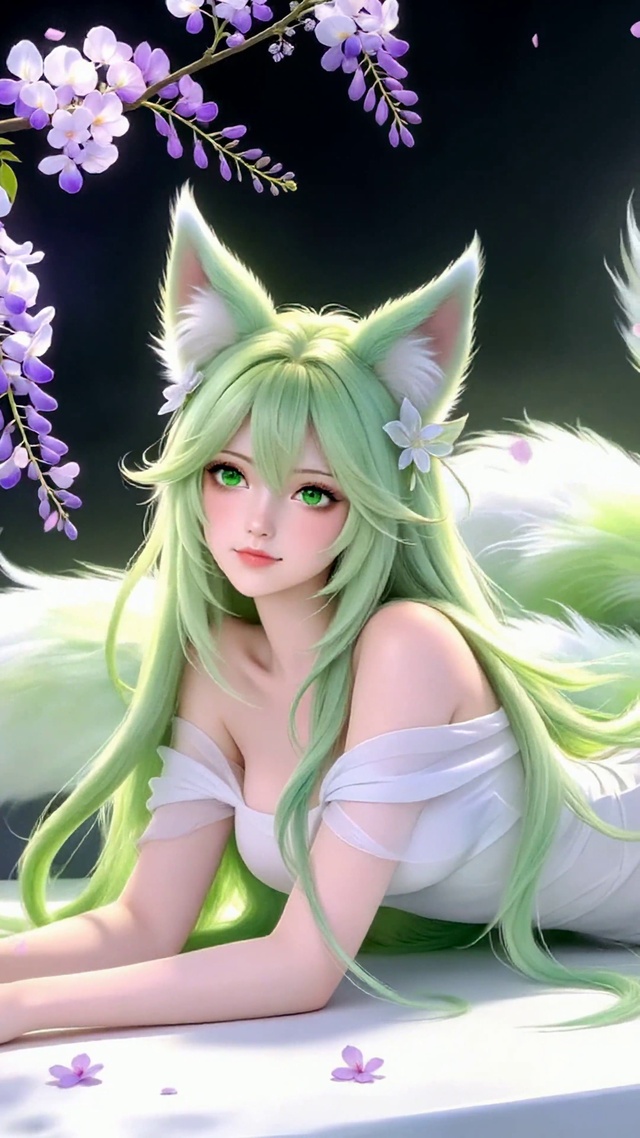 紫藤花下青发九尾狐少女