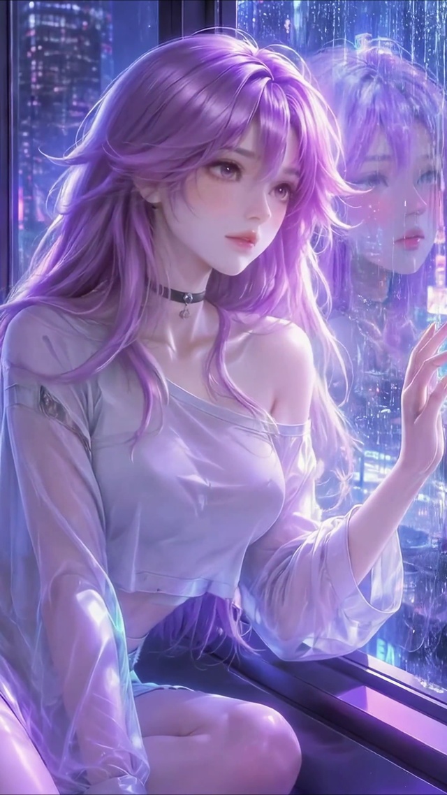 紫发赛博未来都市美少女