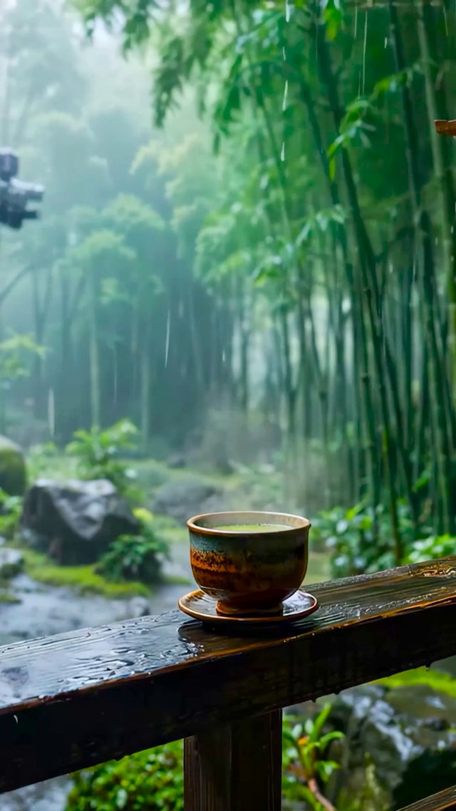 竹林木屋雨景