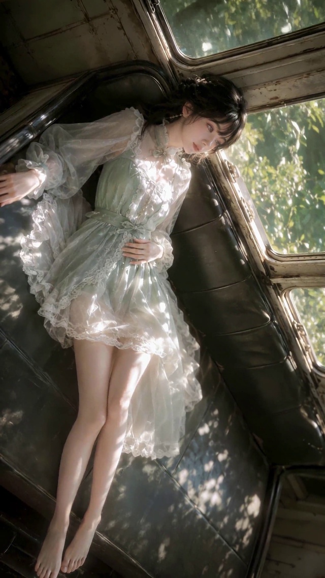 旧列车上的清新美少女