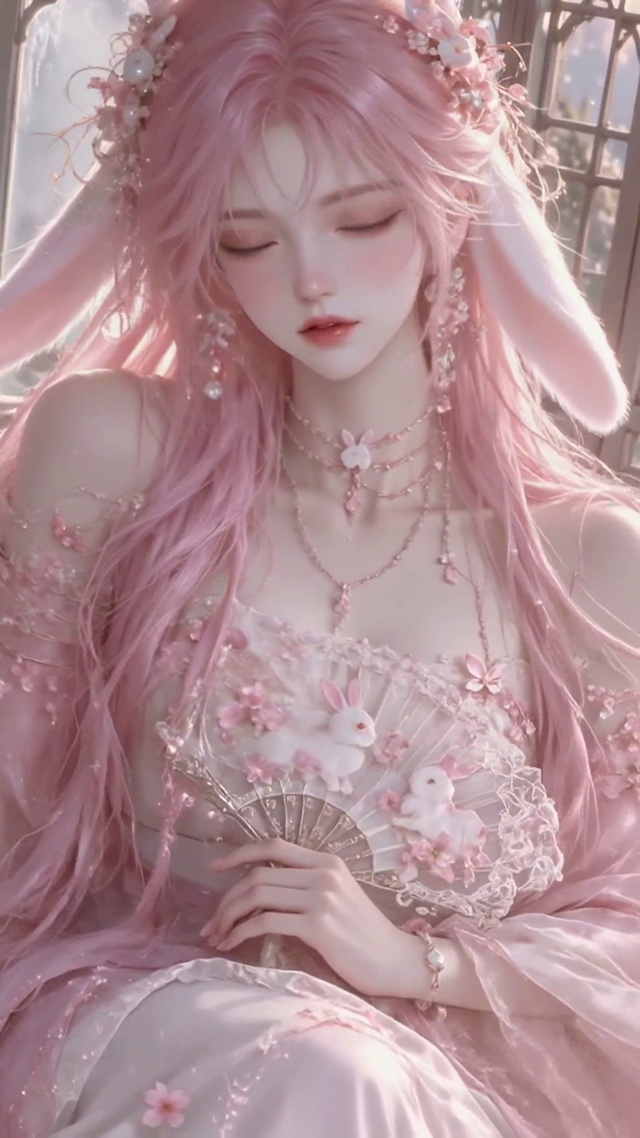 粉红花房兔耳粉发美女