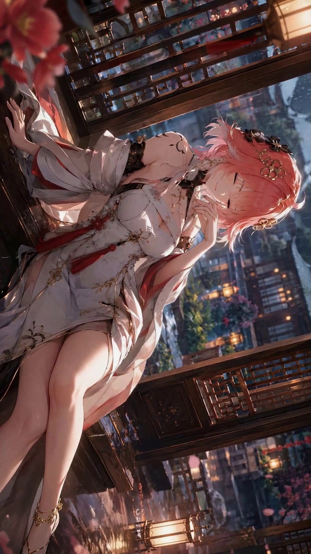 桃花庭院美人