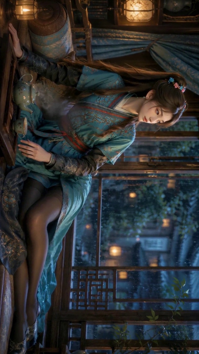 雨夜窗前古风美少女