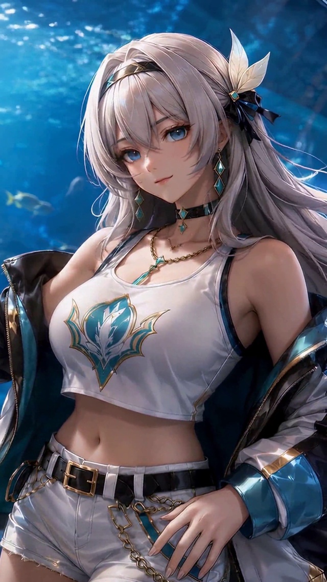 水族馆旁的二次元银发美少女