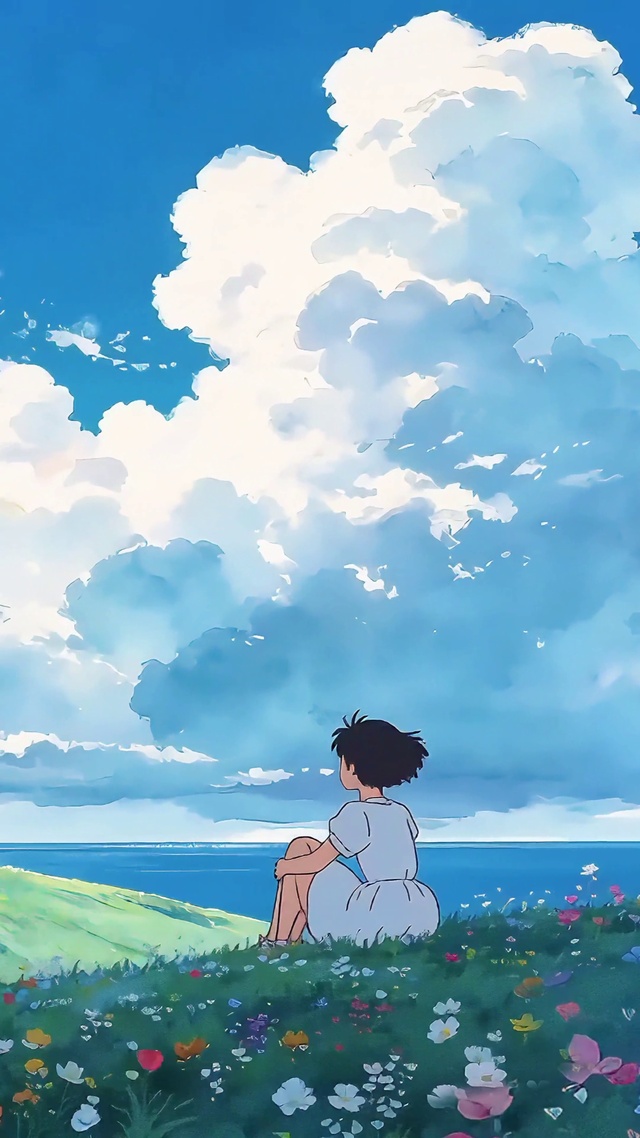 山坡上看风景的少女