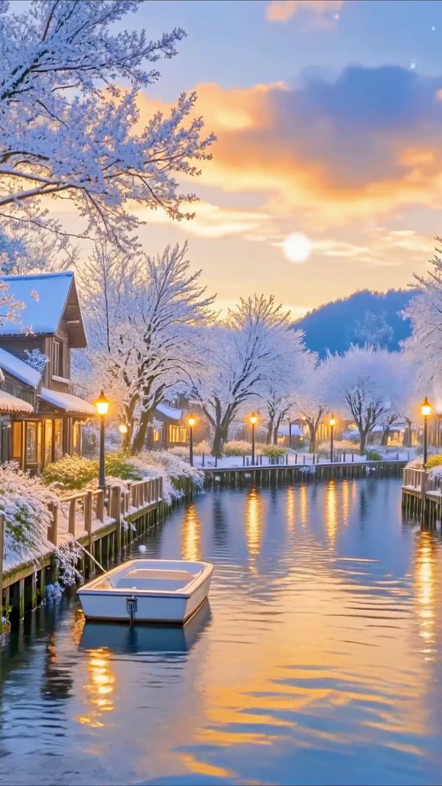 唯美雪天乡村水上小镇