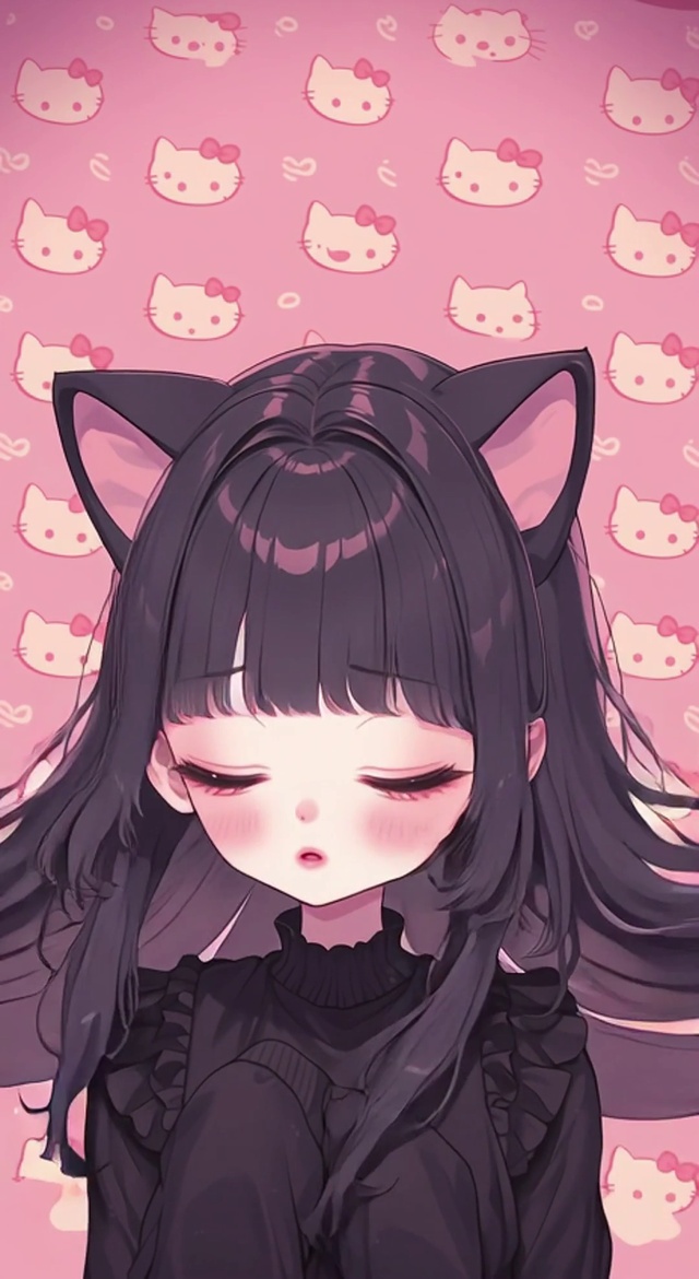 可爱猫咪女孩hello粉色背景