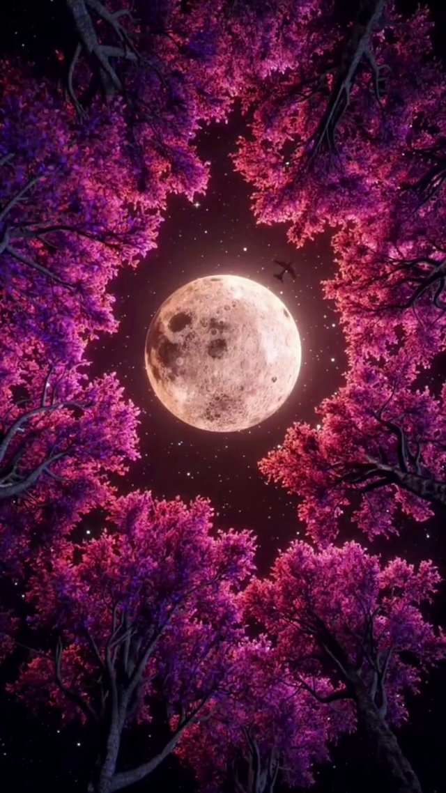 唯美的月亮红叶树