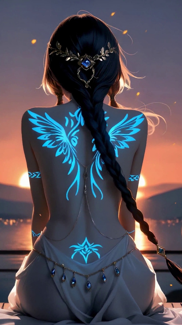 落日海岸荧光美少女背影