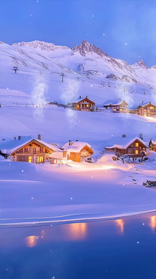 雪景树木房屋河流