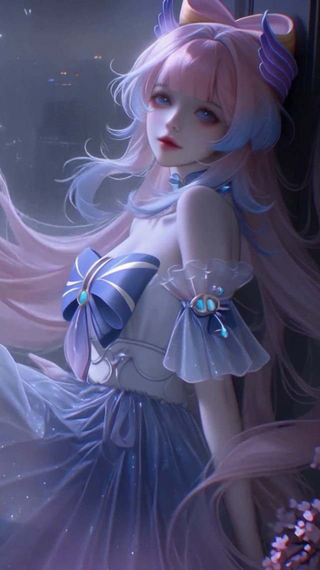 雨夜窗边蓝裙粉发美少女