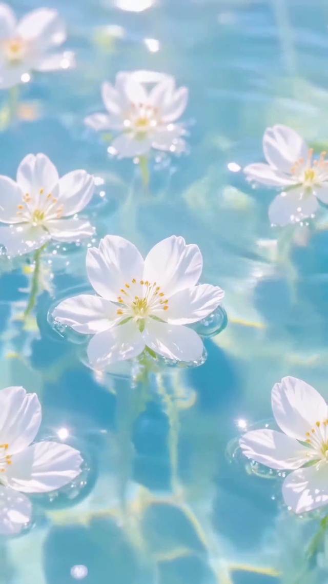 护眼清透水面上的白花倒影