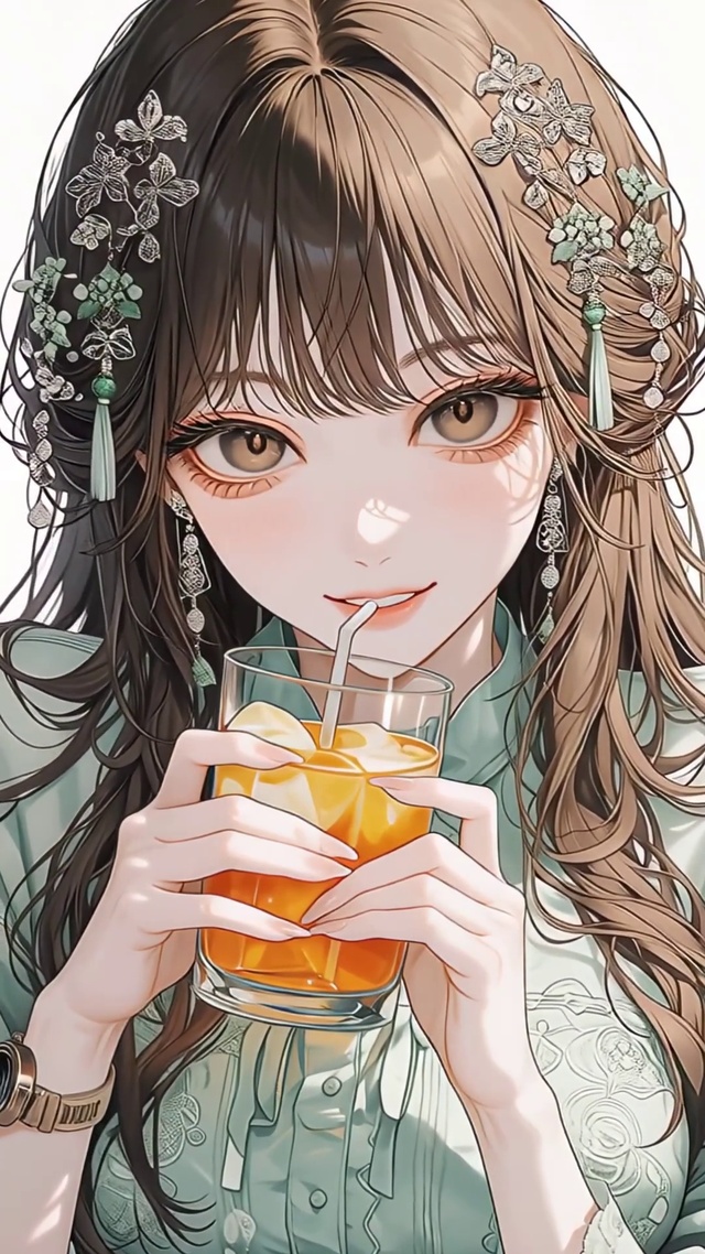 喝橙汁的美女