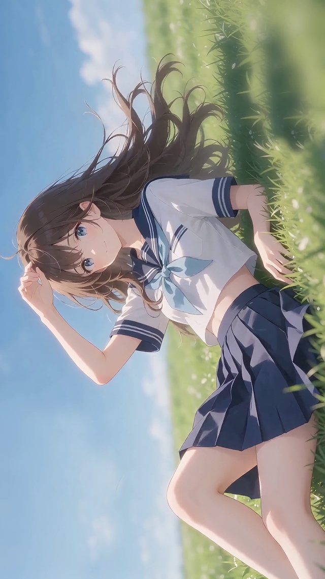 草坡上的校服少女
