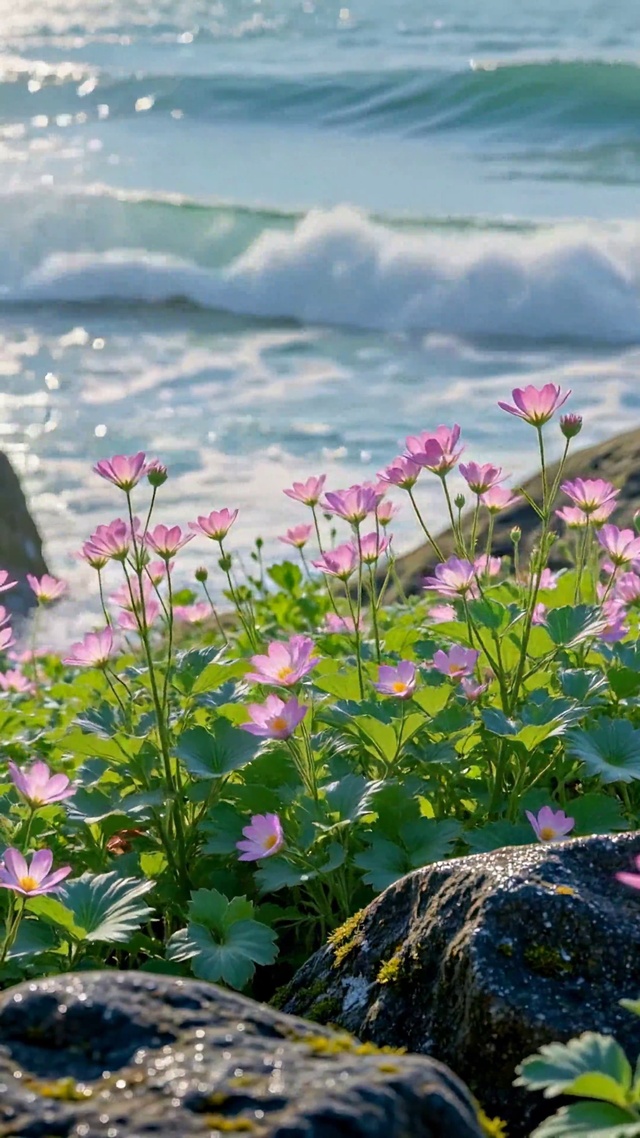 海边礁石粉花治愈风景
