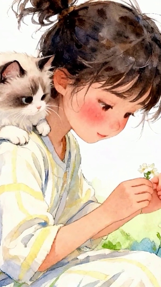 草地女孩与猫咪