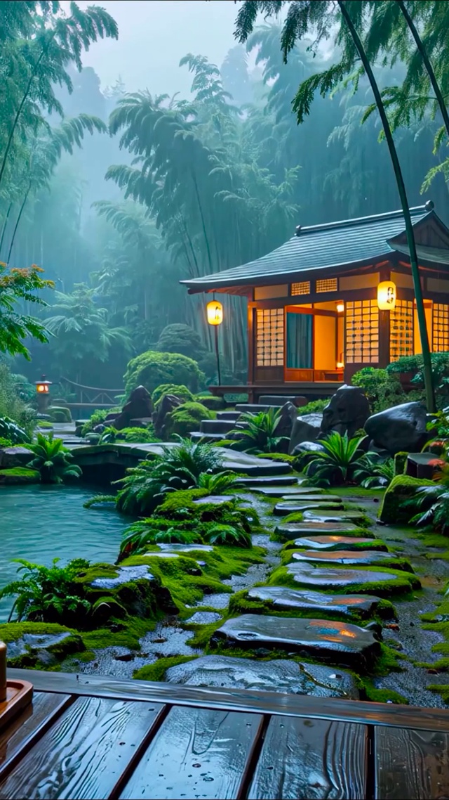 幽静竹林小屋瀑布