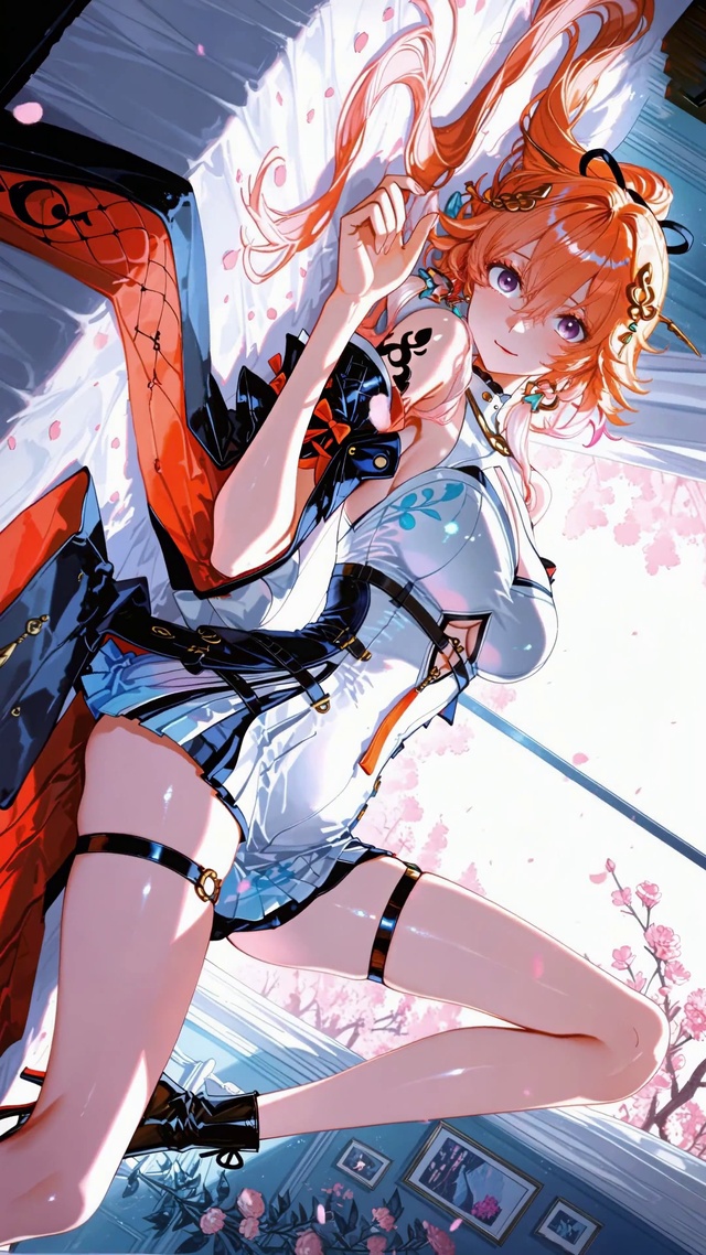 樱花窗边红发美少女