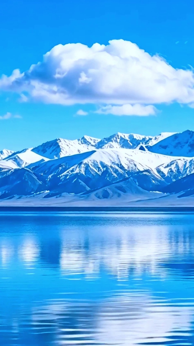 蓝天白云雪山湖泊4K
