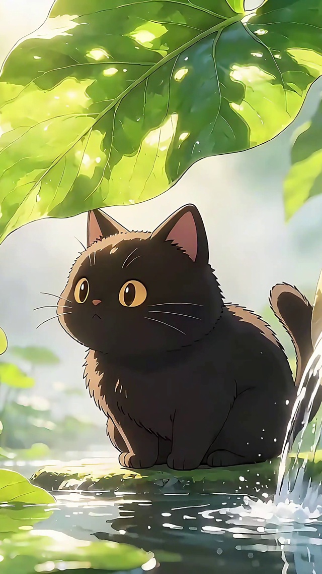 夏日流水涧好奇黑猫