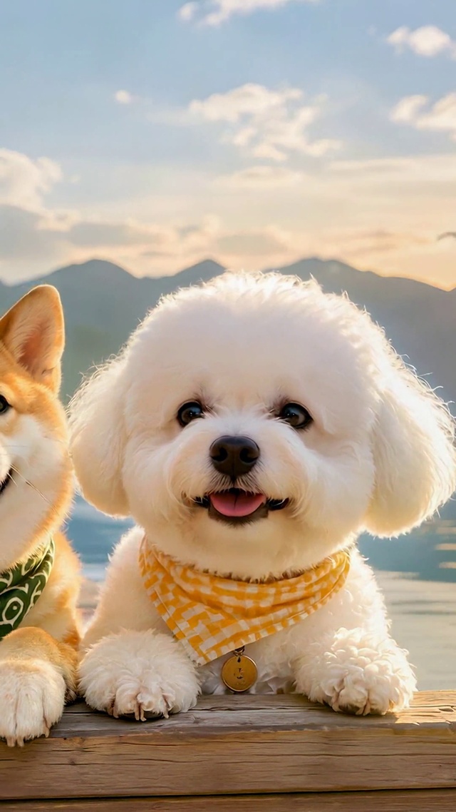 湖边栈道可爱萌犬日落美景