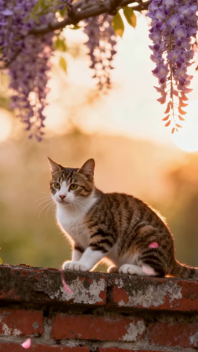 夕阳花墙萌猫戏蝶