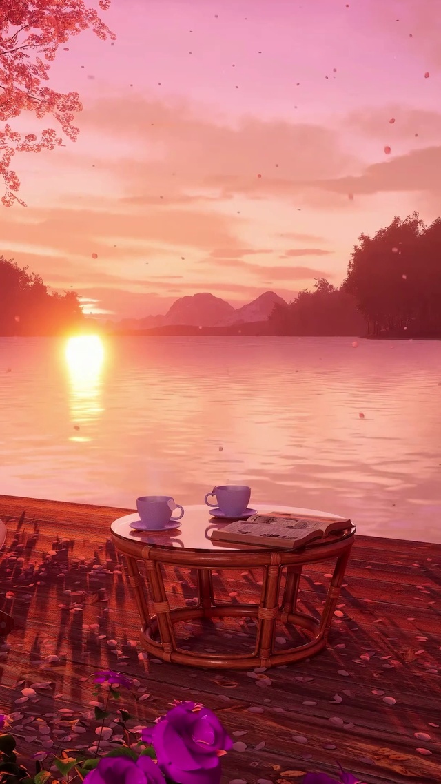 唯美夕阳湖畔落花